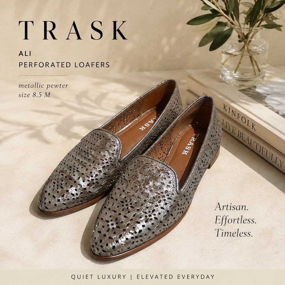 Trask Ali Perforated Loafers 8.5 Metallic Pewter Silver Laser Cut Leather